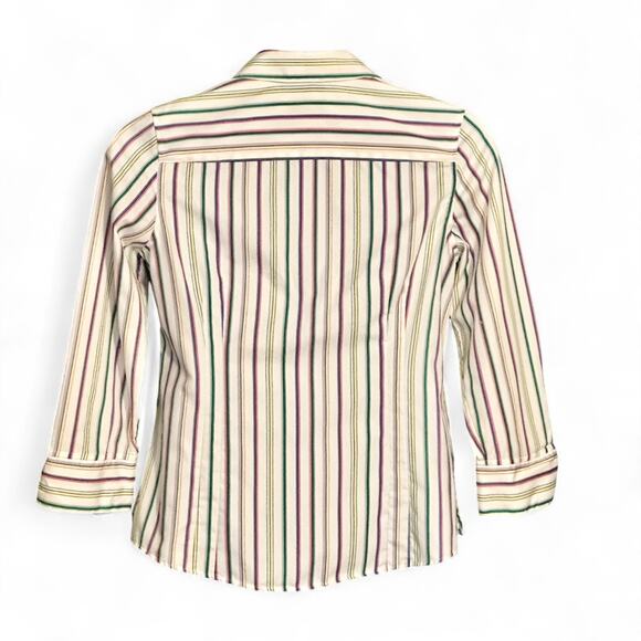 Taylor Gold Label Button Up Shirt Size 10 V Neck Top Colorful Striped 3/4 Sleeve - Picture 11 of 13